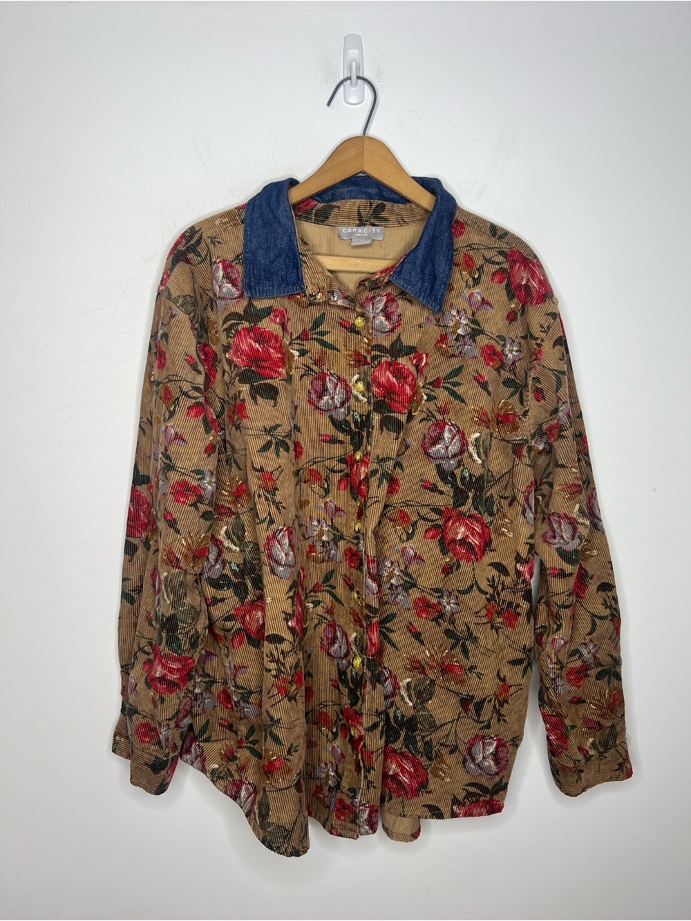 Capacity Woman 2X Floral Corduroy Denim Collar Oversized Shacket